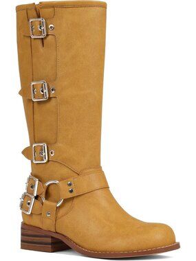 Women's Yellow Pull On Wide Calf Riding Buckles Chunky Metallic Knee High Boot